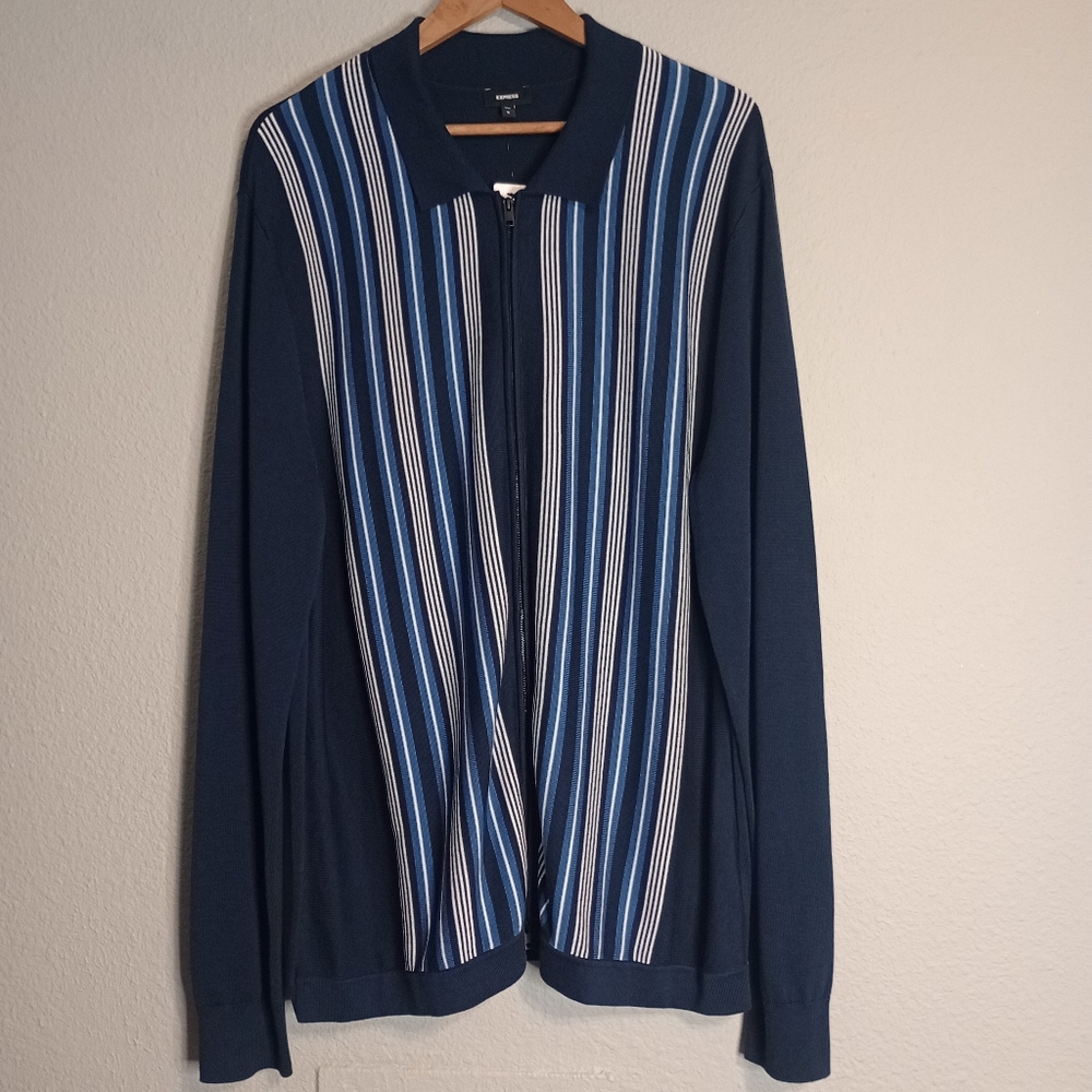 Express Men's Full Zip Collared Striped Cardigan Sweater
